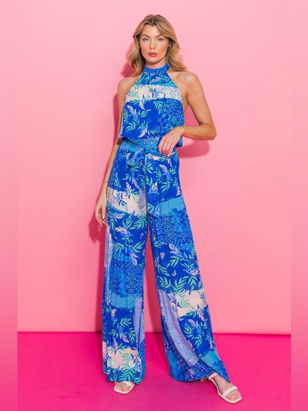 Blue Halter Jumpsuit with Tropical Print Size M new